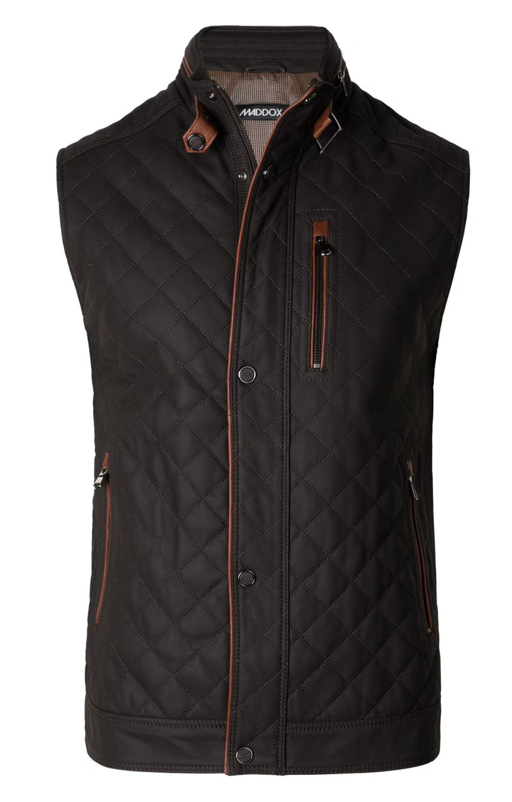 Men's Quilted Nappa Leather Waistcoat - Dark Brown/Cognac