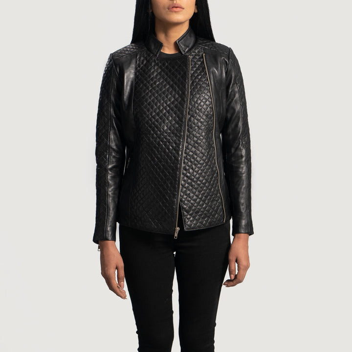 Slant Black Quilted Leather Biker  Jacket