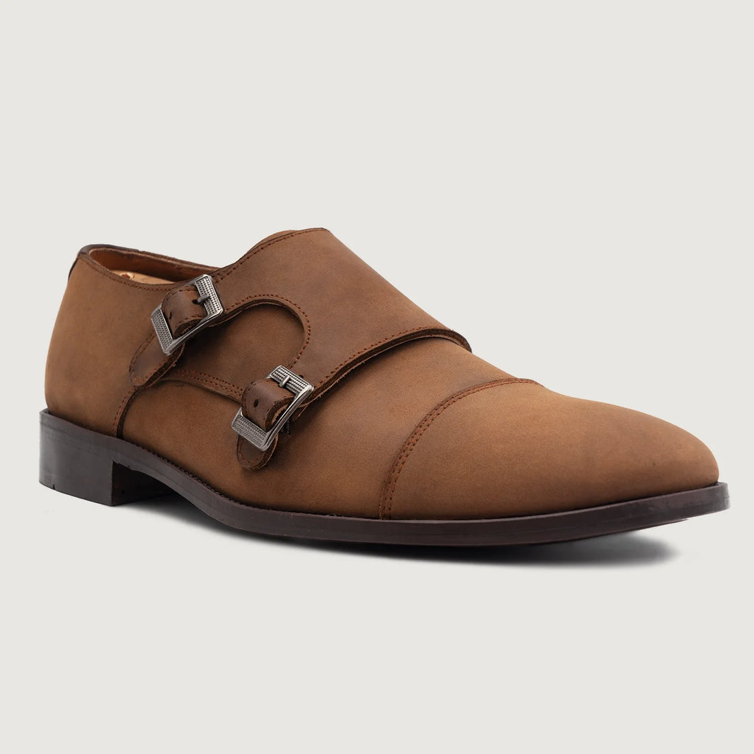 Boston Double Monk Strap Oil Pull-up Brown Leather Shoes
