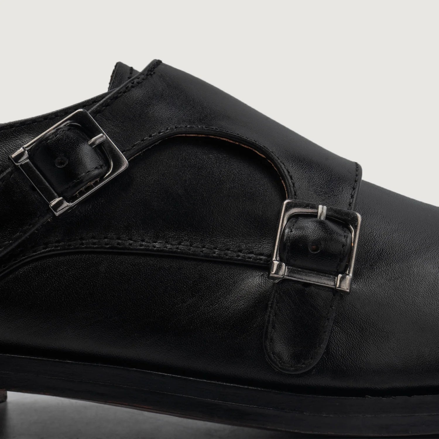 Boston Double Monk Strap Black Leather Shoes