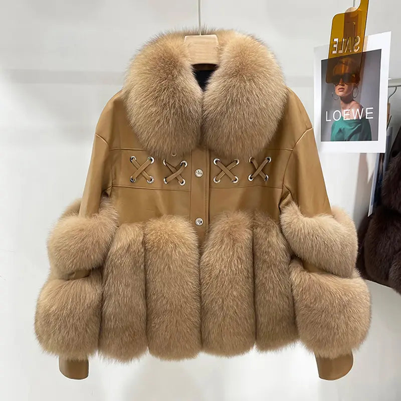 Flexy Turn Down Leather Fur Coat