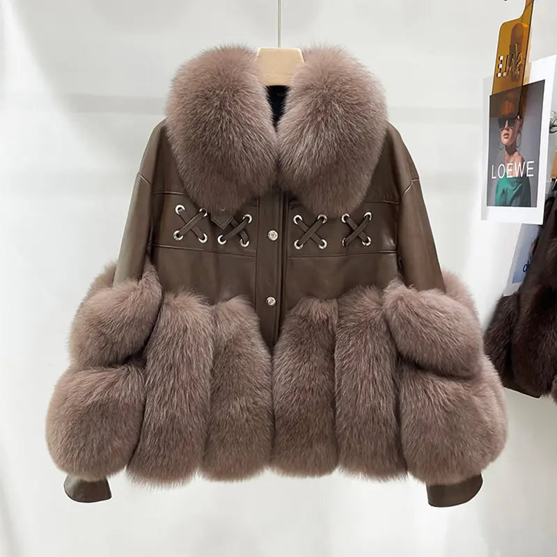 Flexy Turn Down Leather Fur Coat