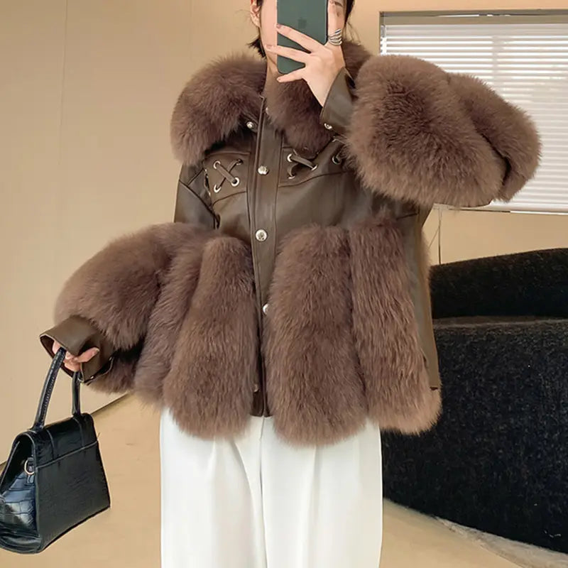Flexy Turn Down Leather Fur Coat