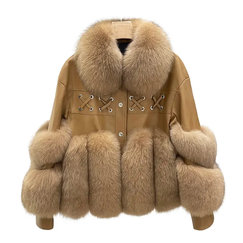 Flexy Turn Down Leather Fur Coat