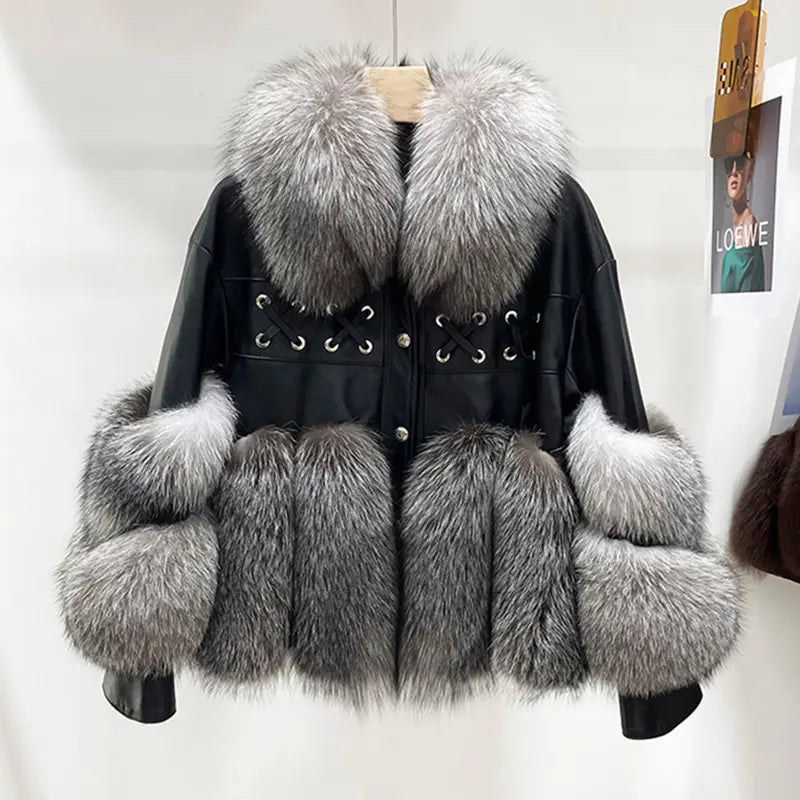 Flexy Turn Down Leather Fur Coat