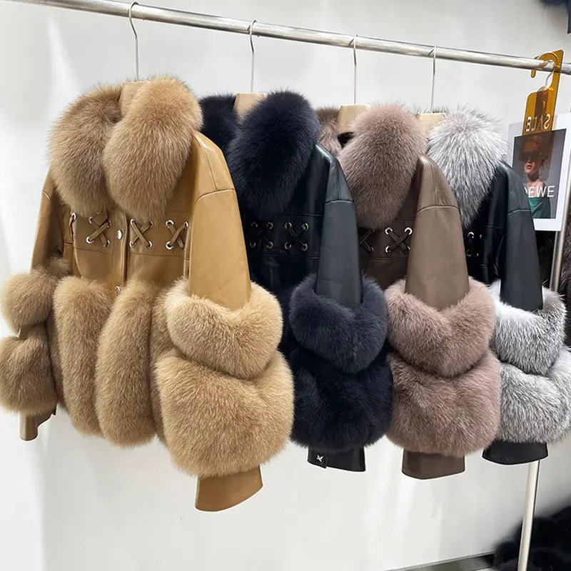 Flexy Turn Down Leather Fur Coat