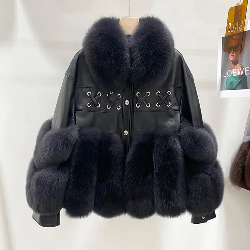 Flexy Turn Down Leather Fur Coat