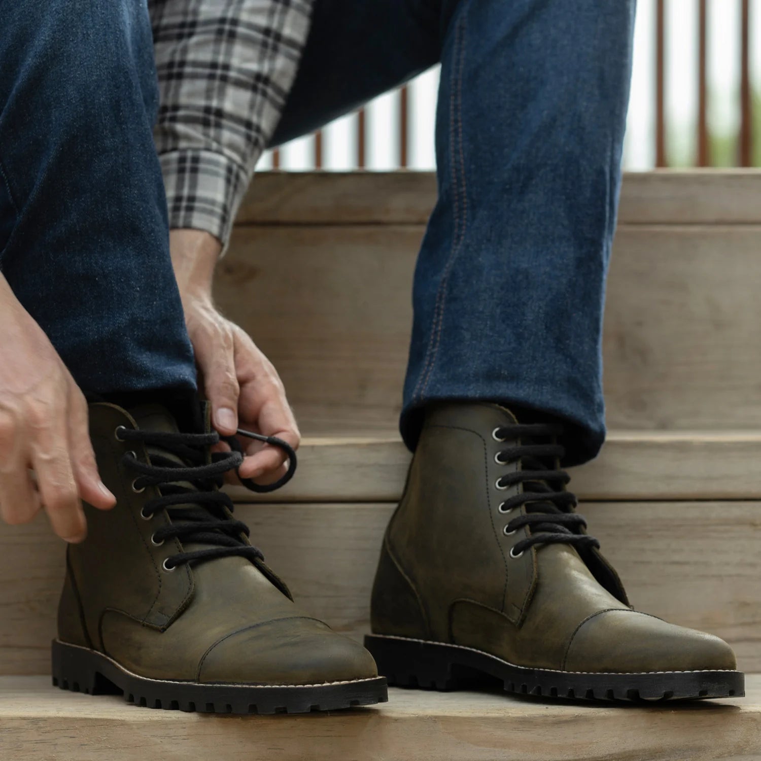 Knight Derby Olive Green Pullup Leather Boots - TerraGrip