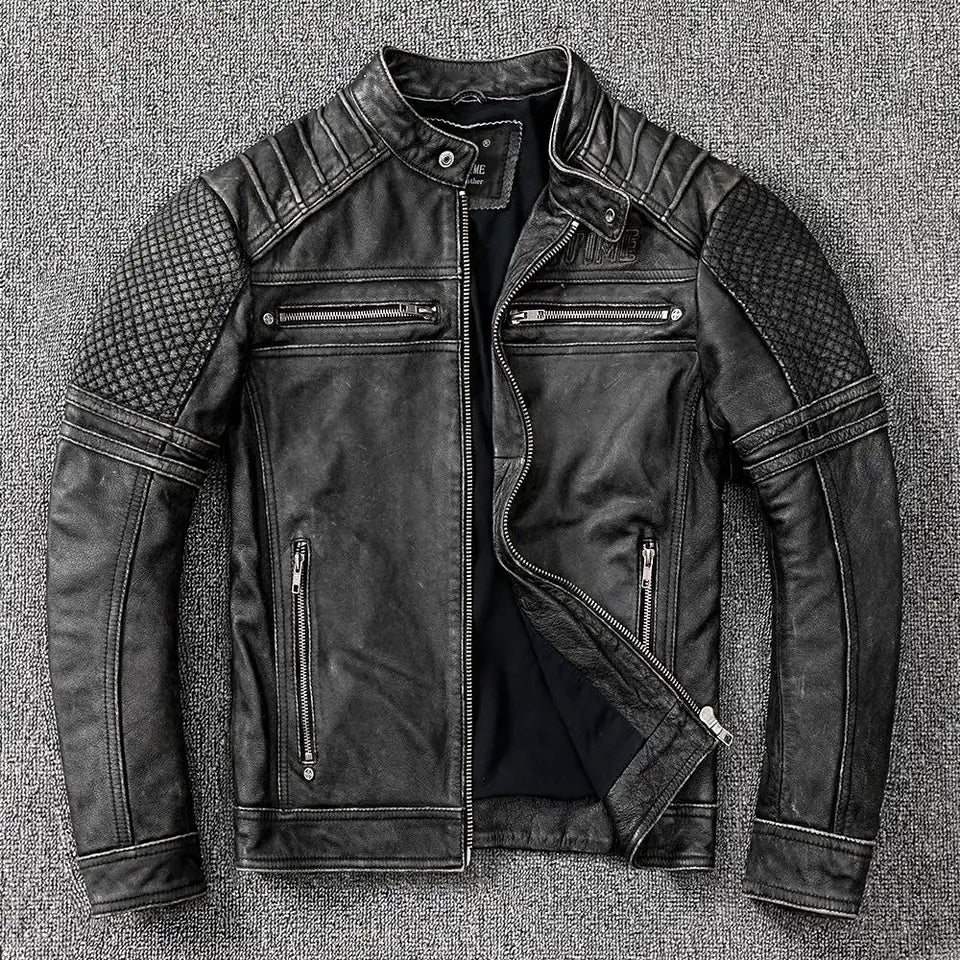 Crew Vintage Black Leather Biker Jacket