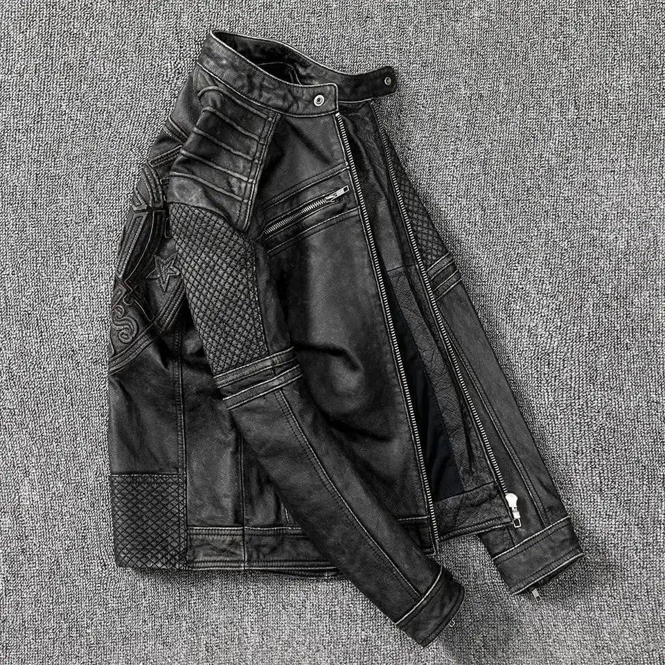 Crew Vintage Black Leather Biker Jacket
