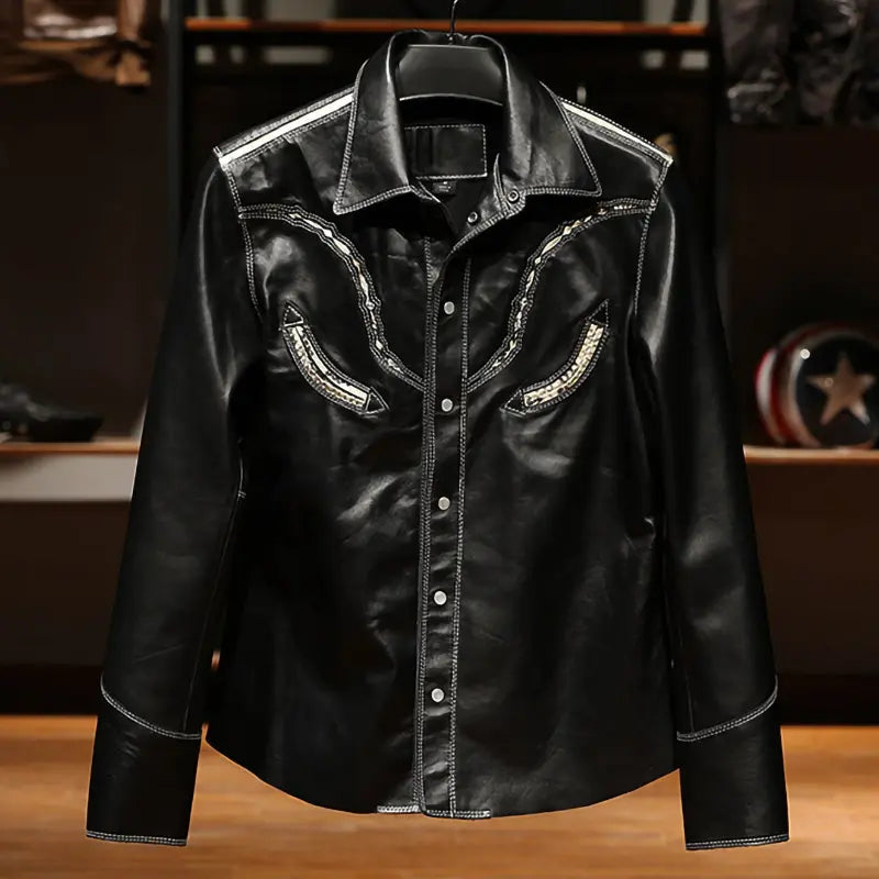 Eerie Embroided Black Leather Shirt