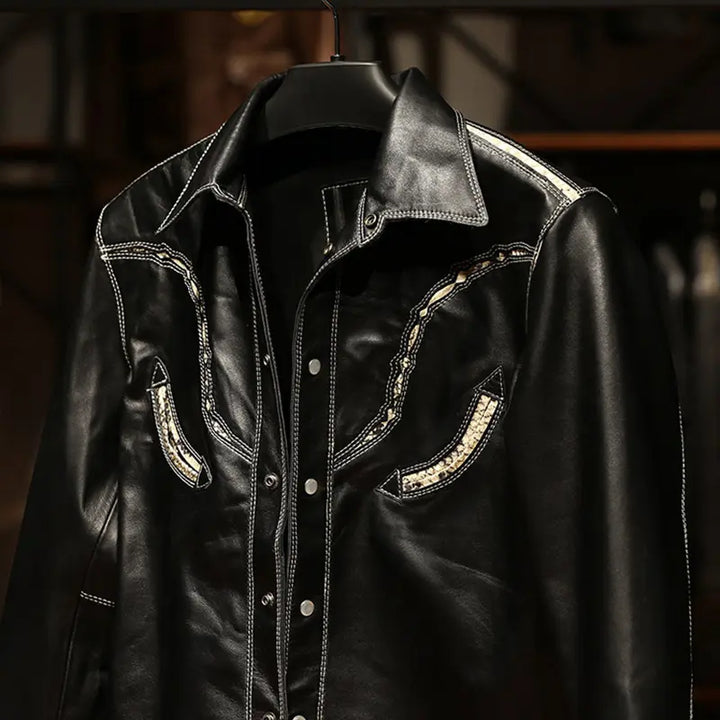 Eerie Embroided Black Leather Shirt