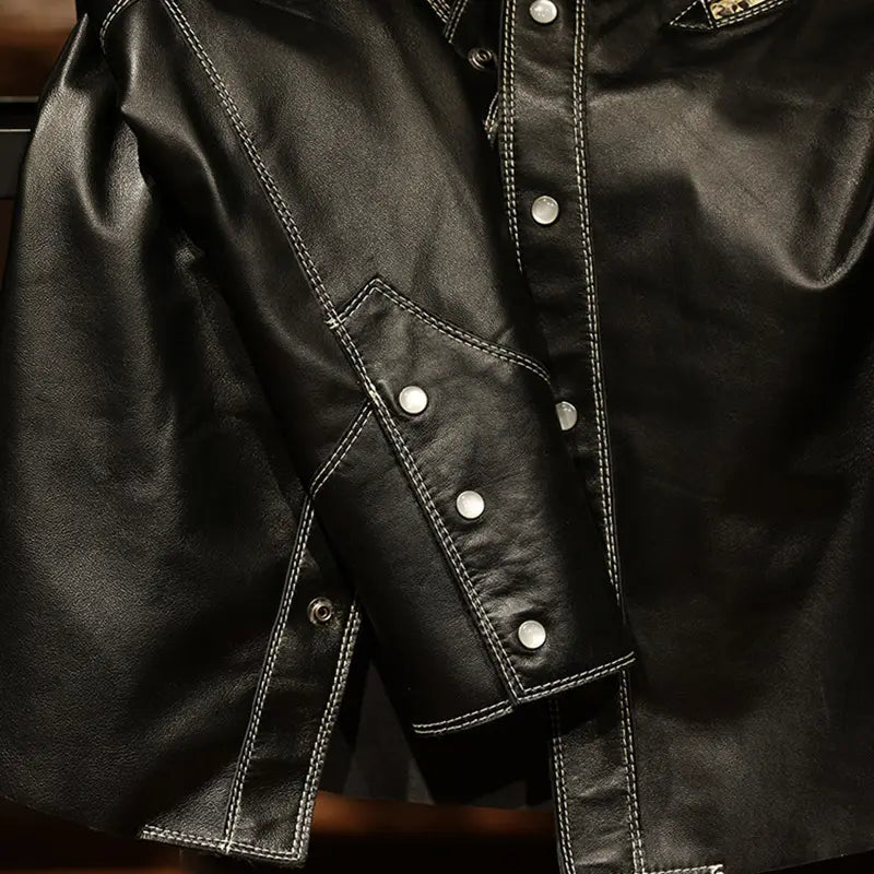 Eerie Embroided Black Leather Shirt