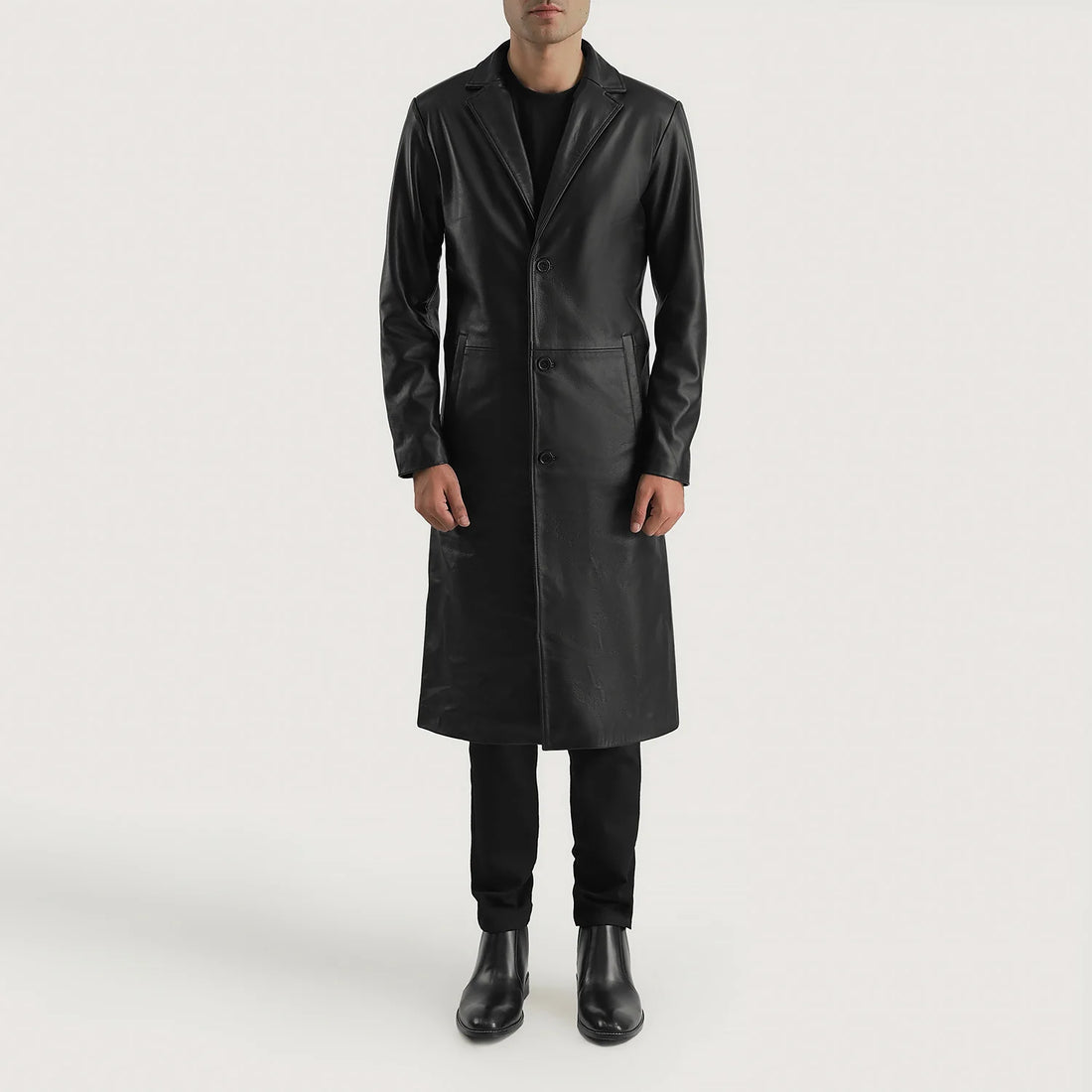 Mateo Black Leather Single Breasted Coat
