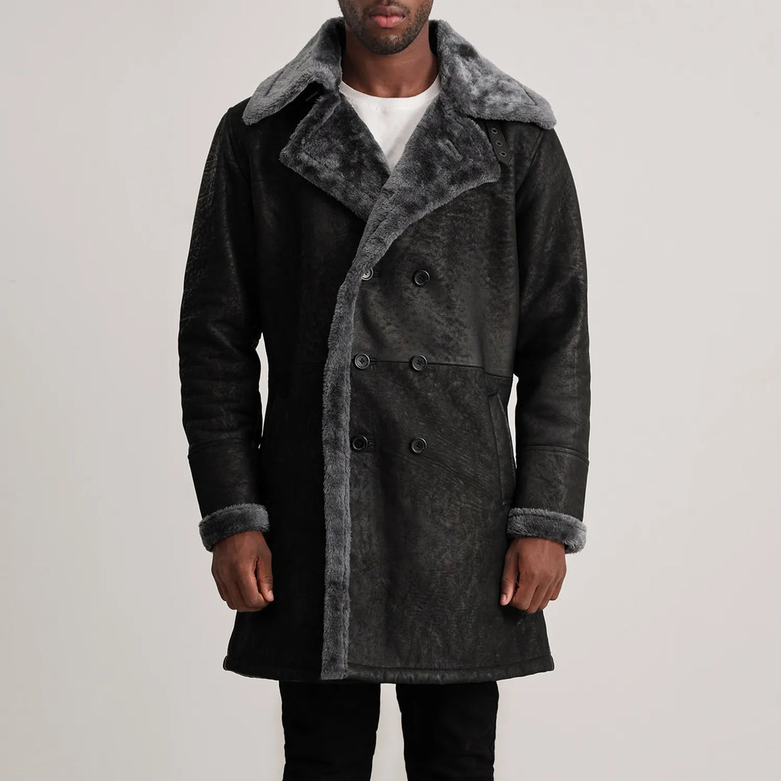 Charles Distressed Black Leather Shearling Double-Breasted Coat
