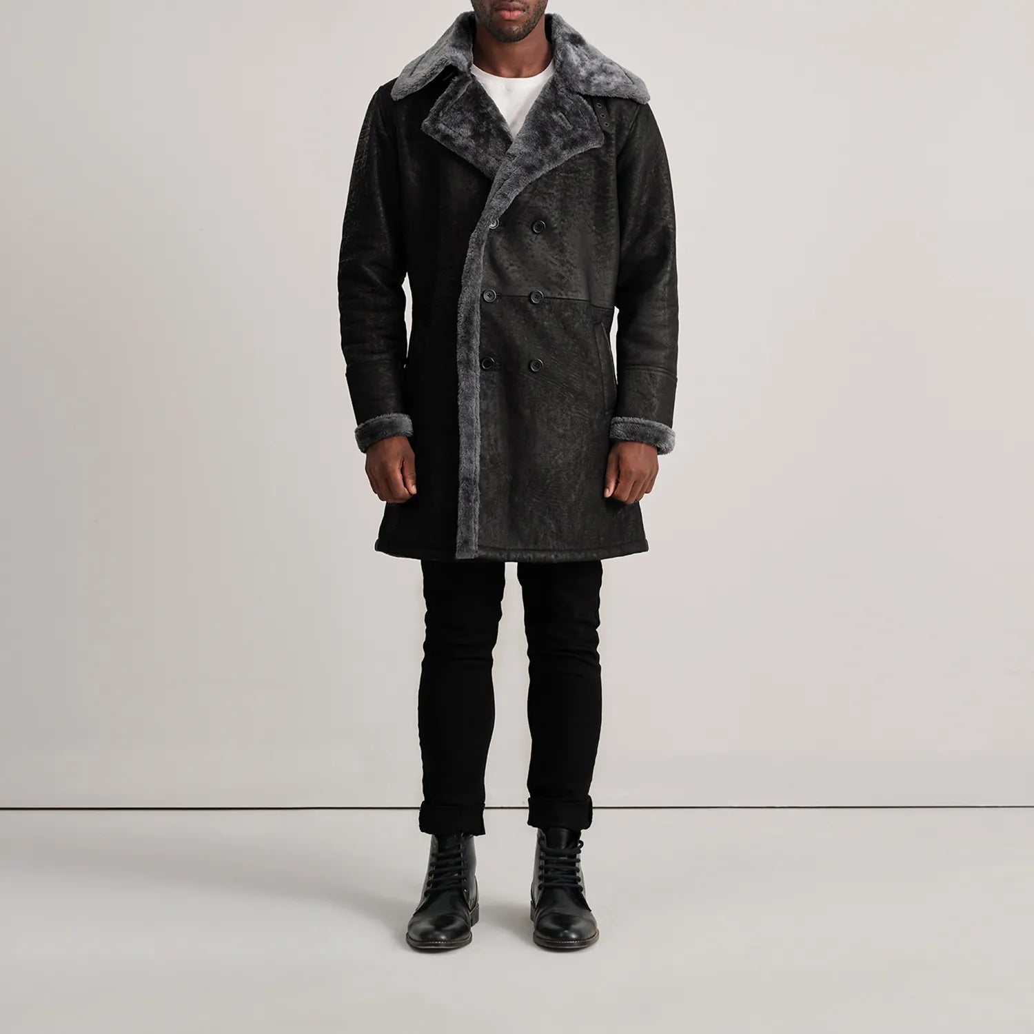 Charles Distressed Black Leather Shearling Double-Breasted Coat
