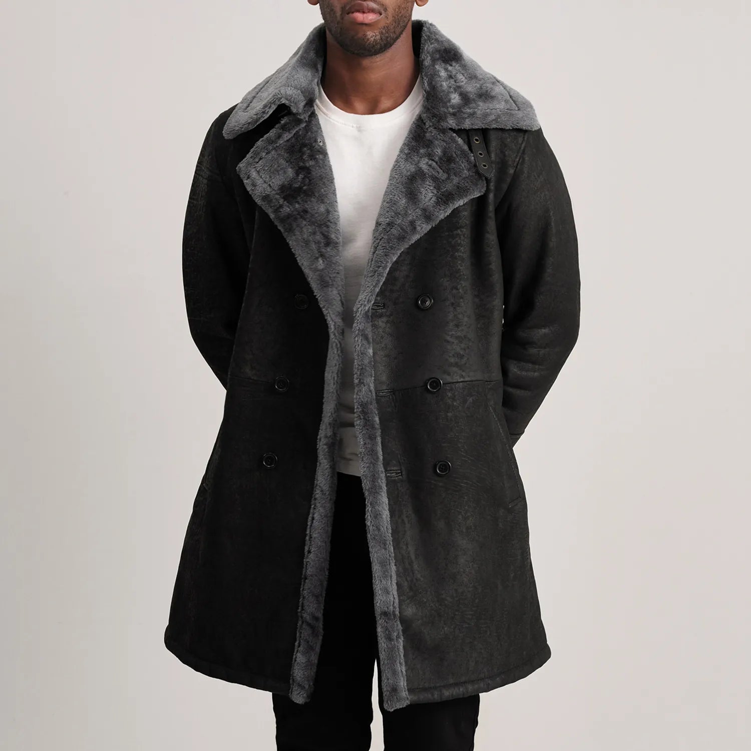 Charles Distressed Black Leather Shearling Double-Breasted Coat