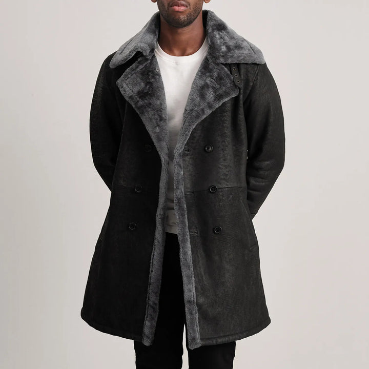 Charles Distressed Black Leather Shearling Double-Breasted Coat