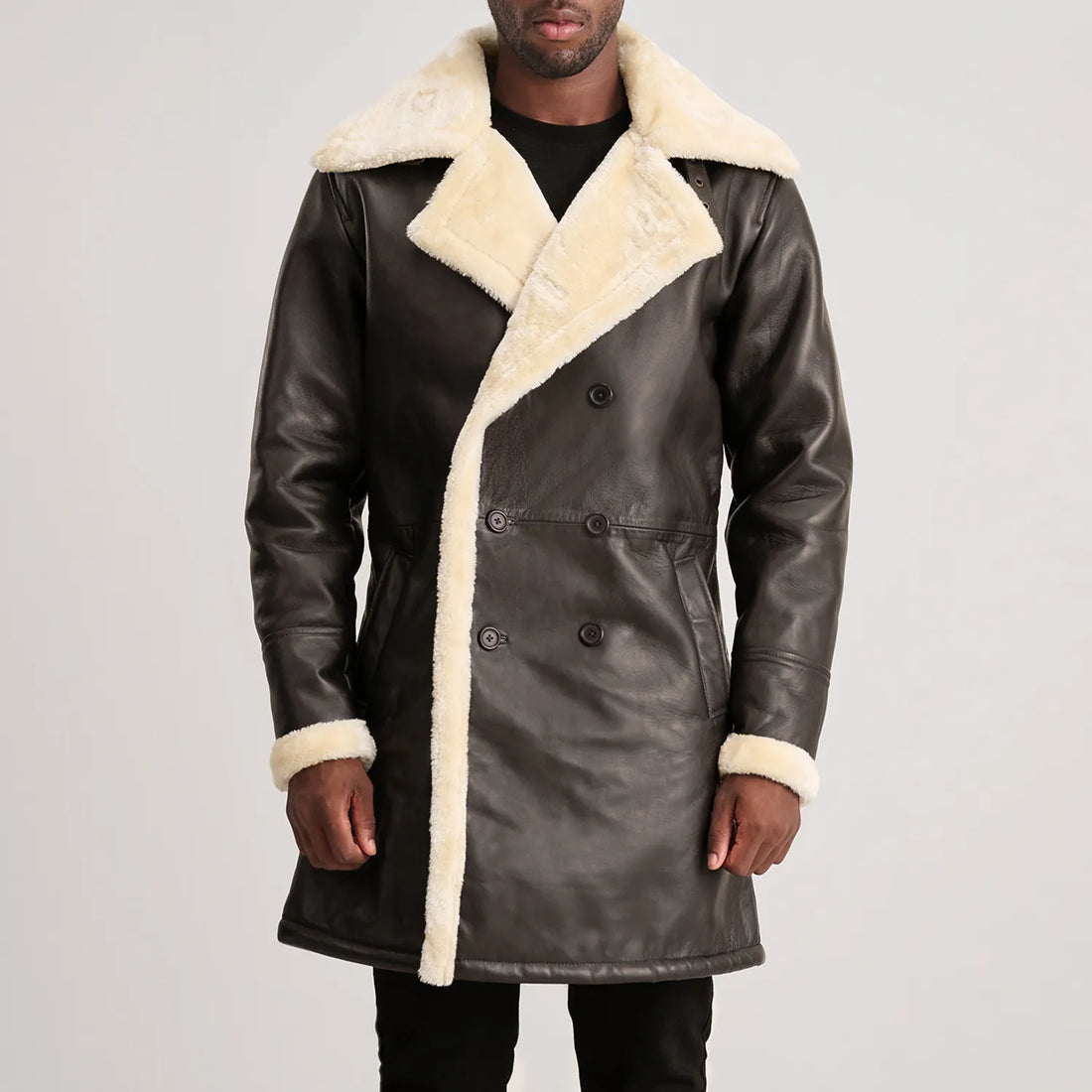Charles Brown Leather Shearling Double-Breasted Coat