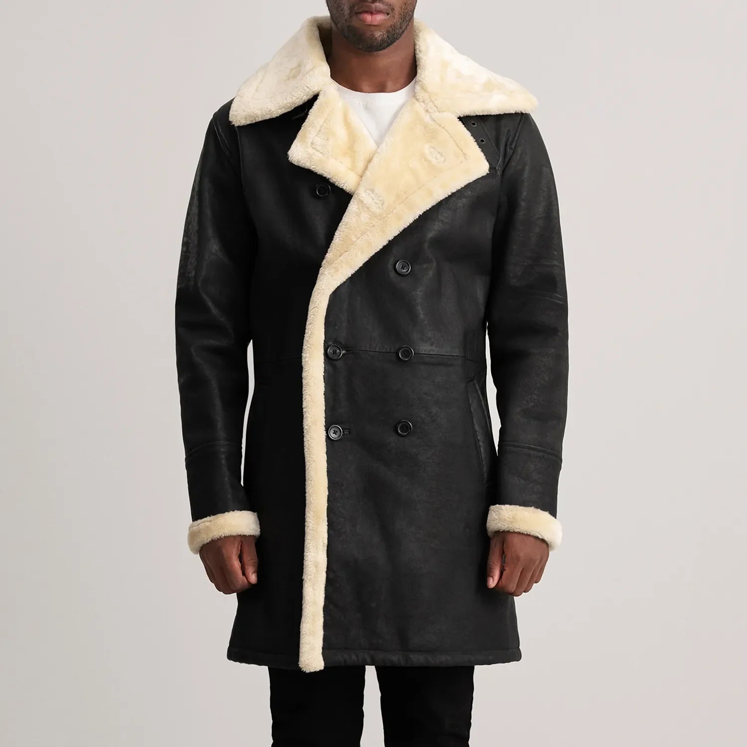 Charles Tumbled Black Leather Shearling Double-Breasted Coat