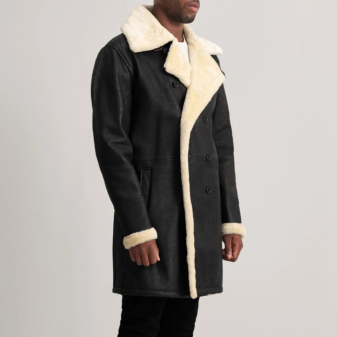 Charles Tumbled Black Leather Shearling Double-Breasted Coat