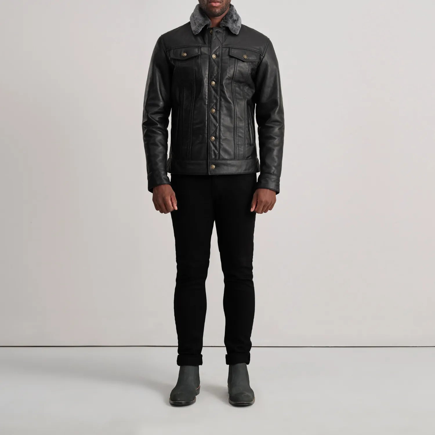Dallis Black Leather Shearling Trucker Jacket