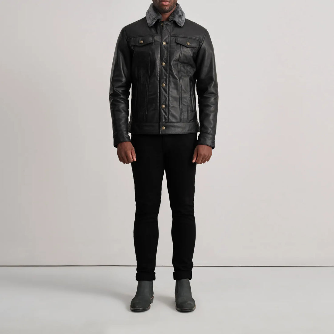 Dallis Black Leather Shearling Trucker Jacket