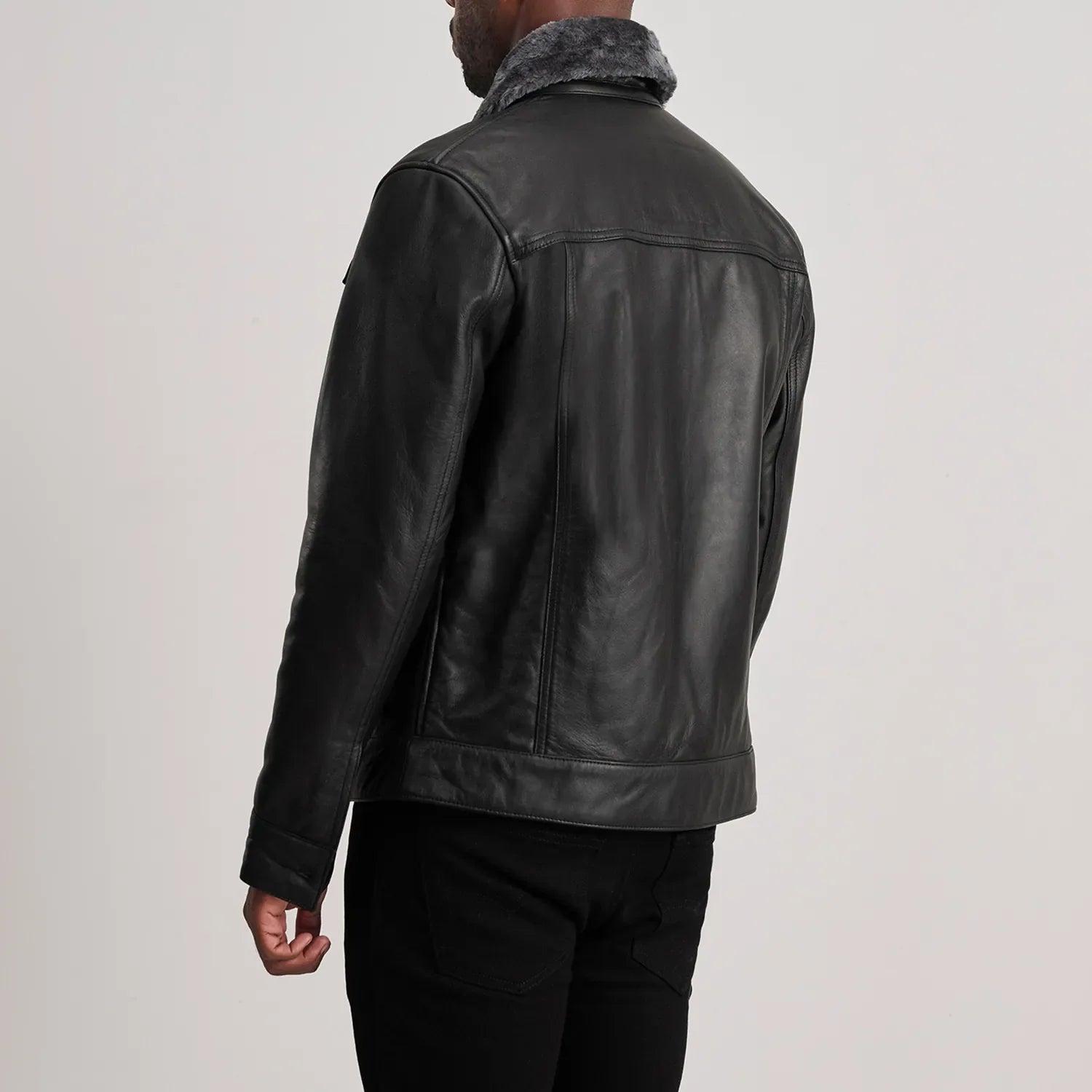 Dallis Black Leather Shearling Trucker Jacket