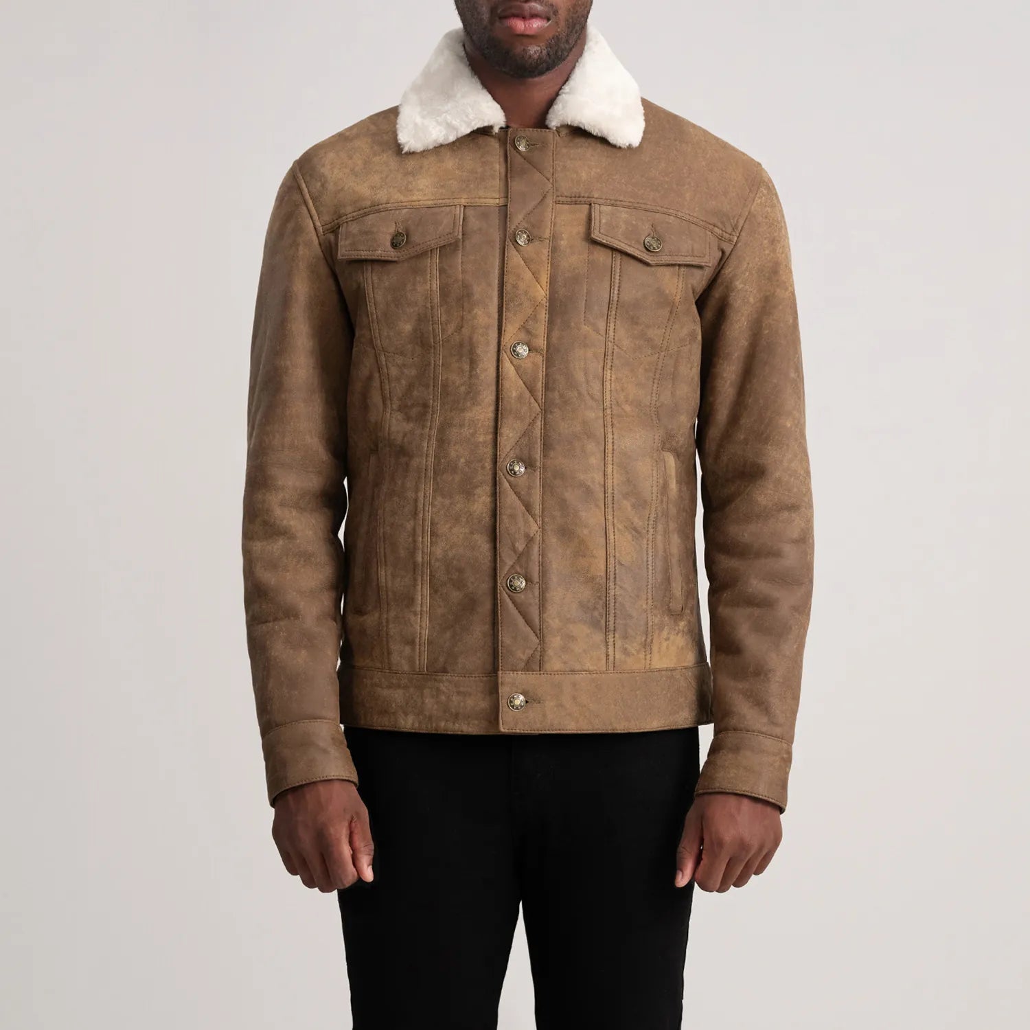 Dallis Distressed Brown Leather Shearling Trucker Jacket