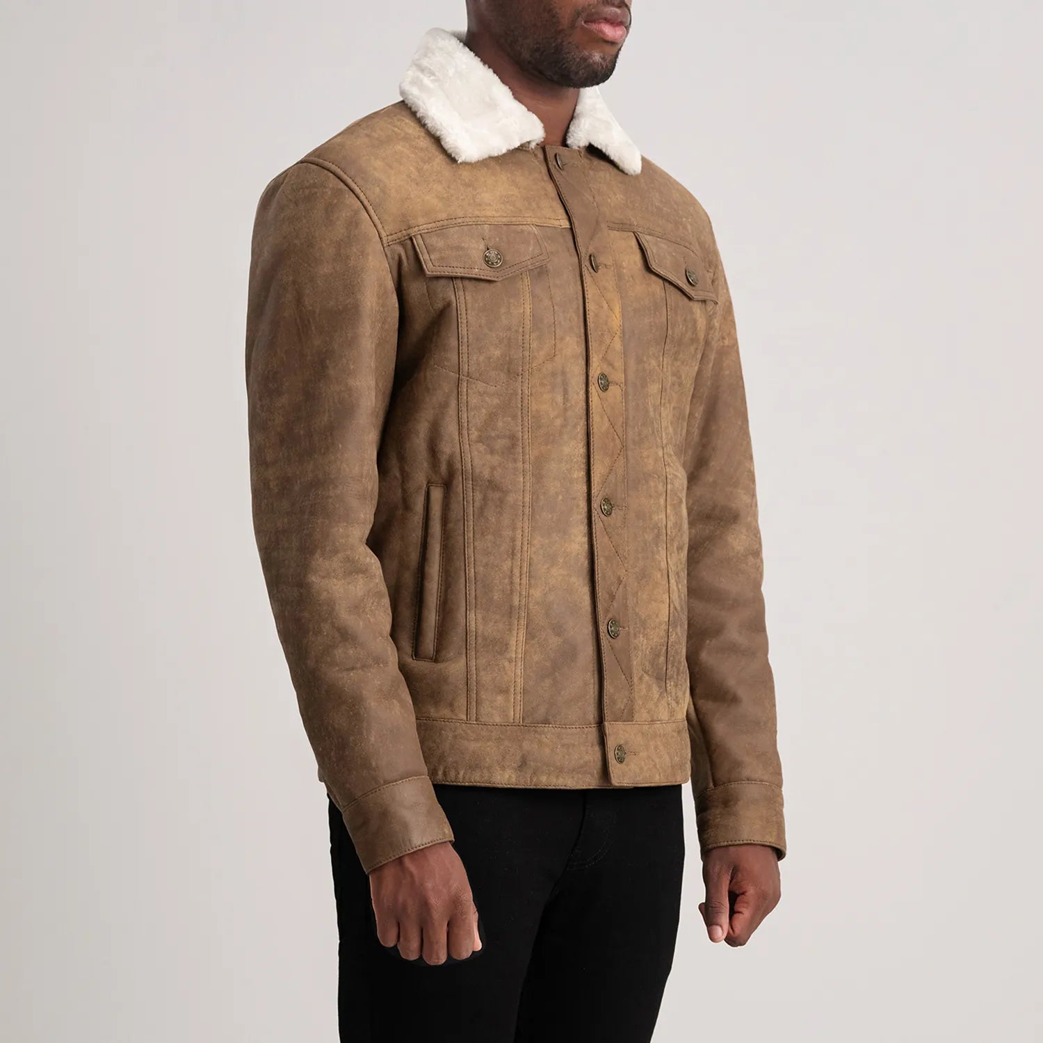 Dallis Distressed Brown Leather Shearling Trucker Jacket