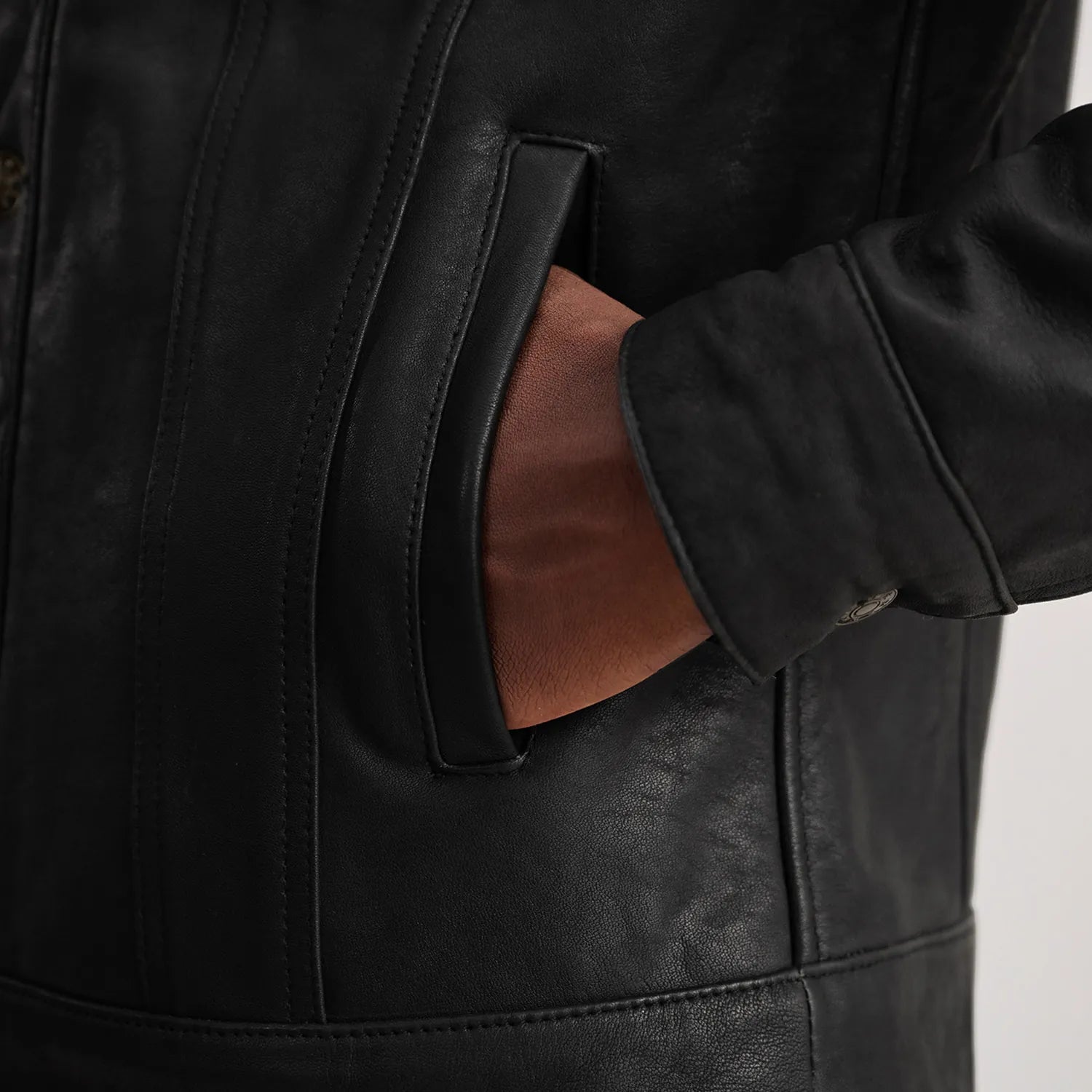 Dallis Distressed Black Leather Shearling Trucker Jacket