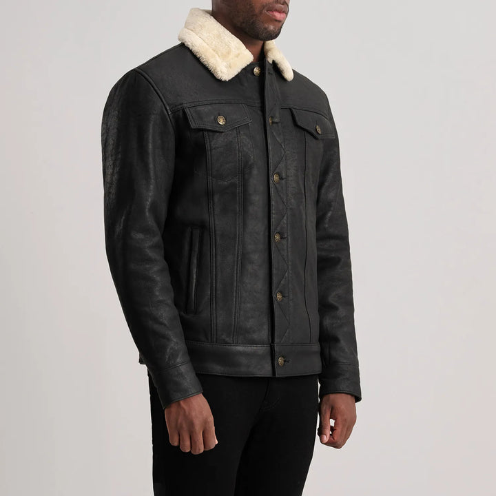 Dallis Distressed Black Leather Shearling Trucker Jacket