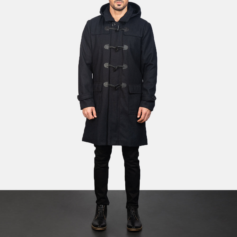 Drake Black Wool Hooded Duffle Coat