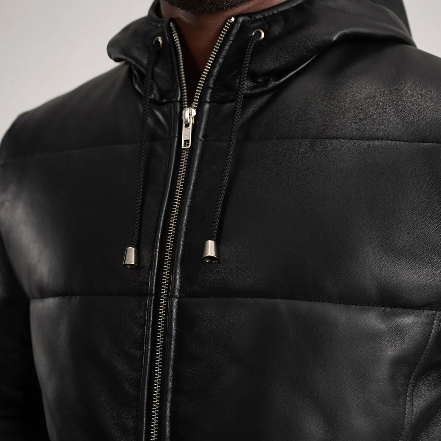 Floyd Black Hooded Leather Puffer Coat