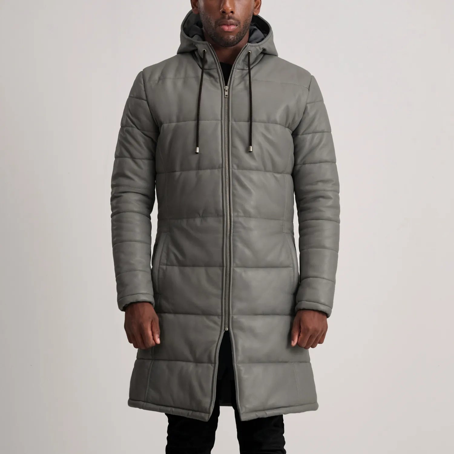 Floyd Grey Hooded Leather Puffer Coat