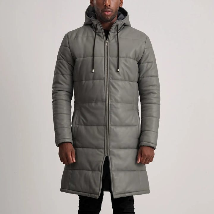 Floyd Grey Hooded Leather Puffer Coat