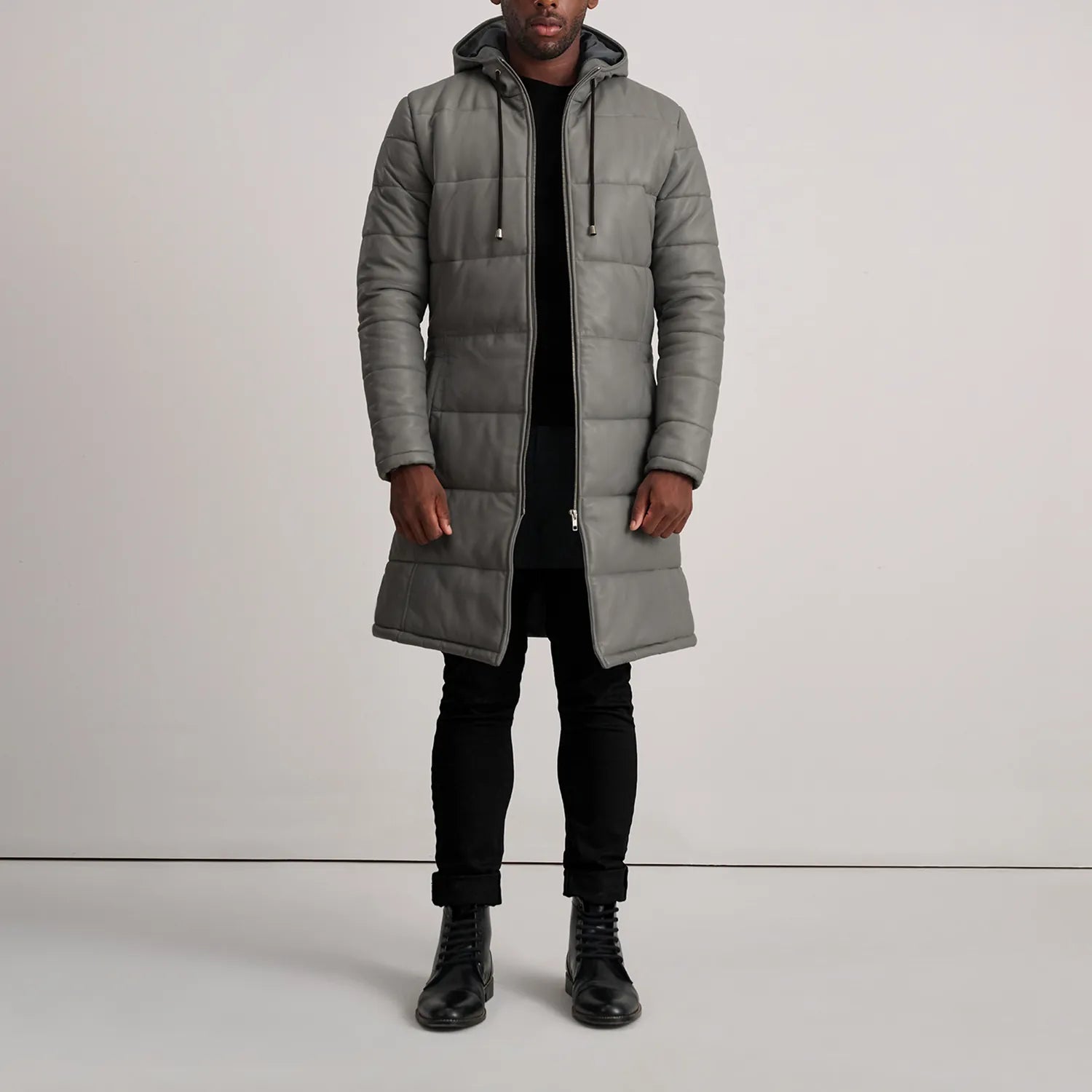 Floyd Grey Hooded Leather Puffer Coat
