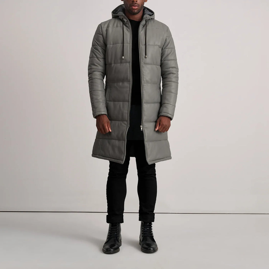 Floyd Grey Hooded Leather Puffer Coat