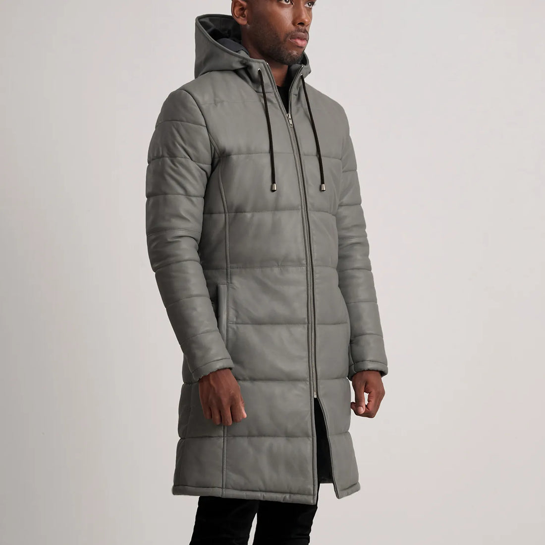 Floyd Grey Hooded Leather Puffer Coat