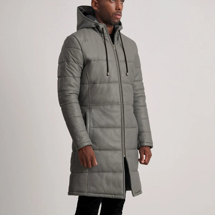Floyd Grey Hooded Leather Puffer Coat