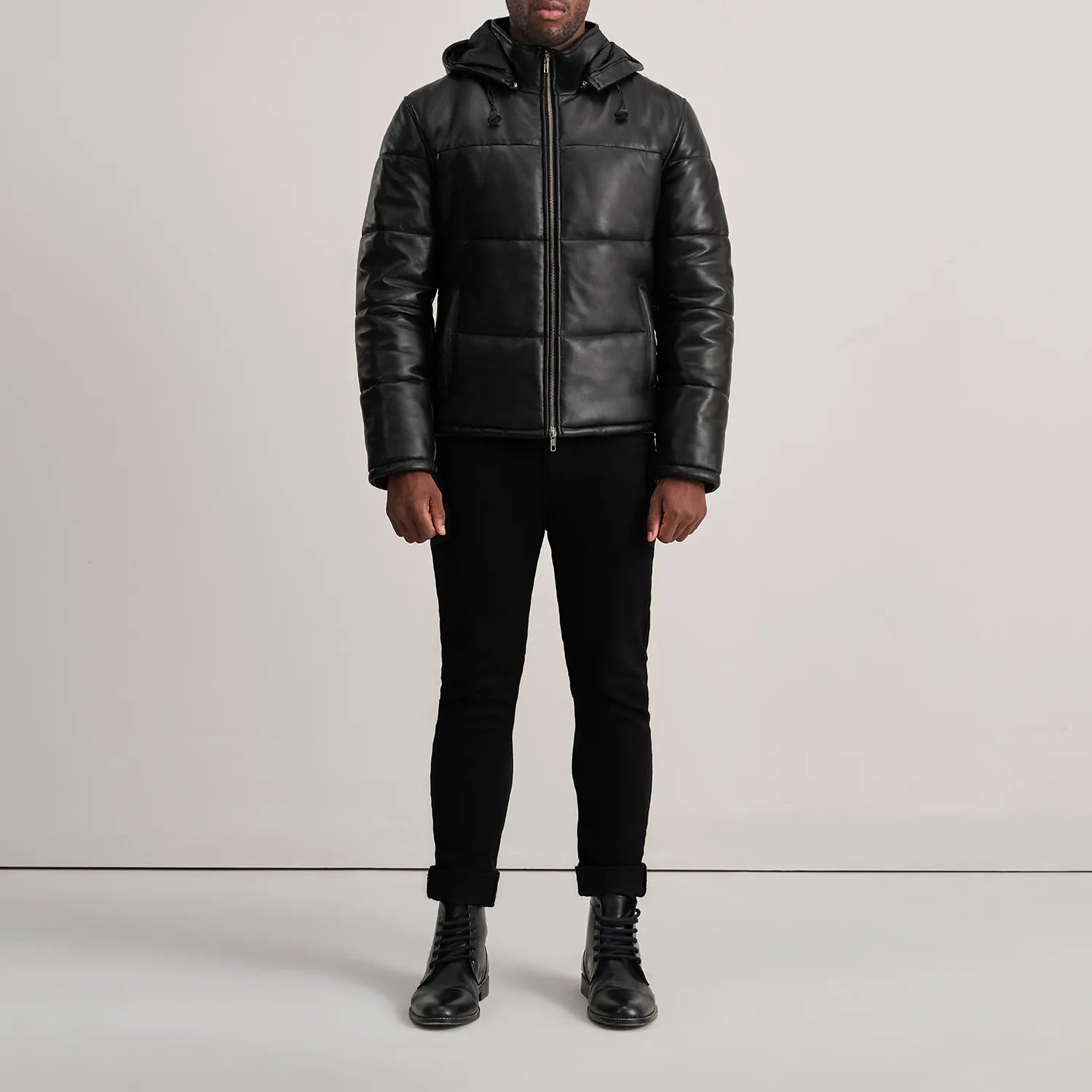 Gordon Black Hooded Leather Puffer Jacket