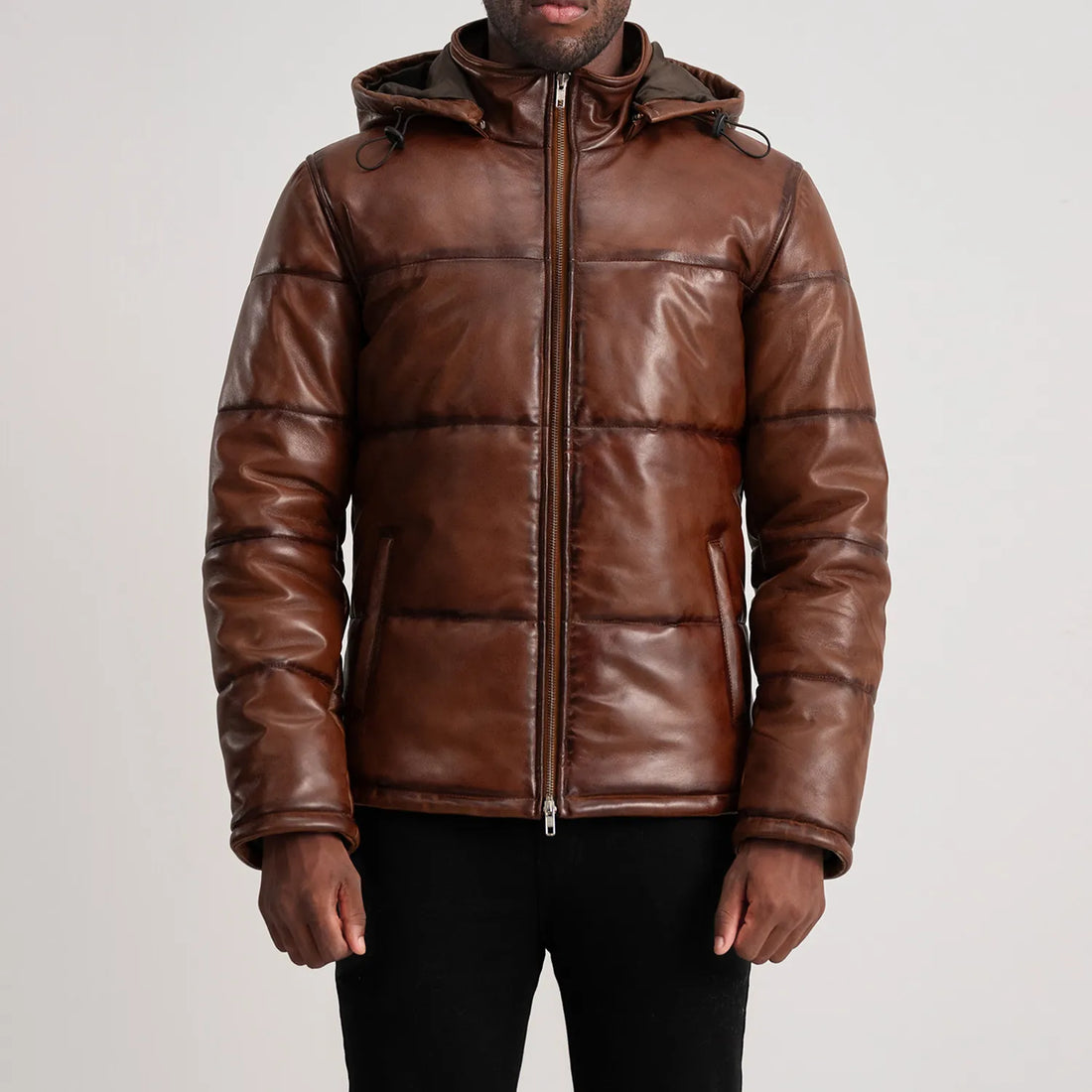 Gordon Waxed Brown Hooded Leather Puffer Jacket