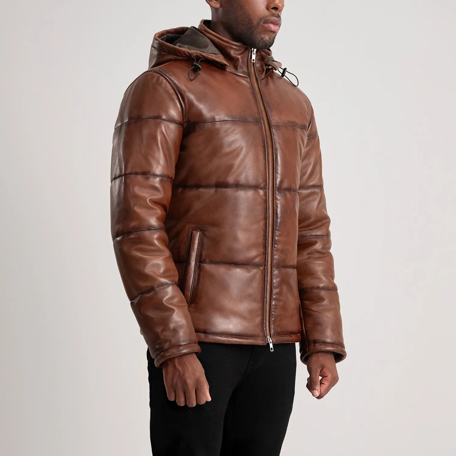 Gordon Waxed Brown Hooded Leather Puffer Jacket