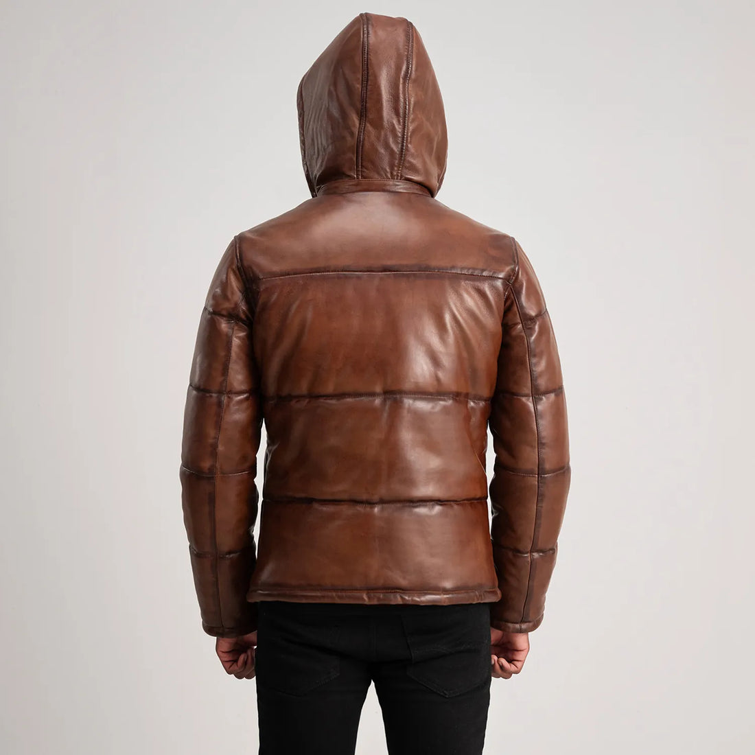 Gordon Waxed Brown Hooded Leather Puffer Jacket