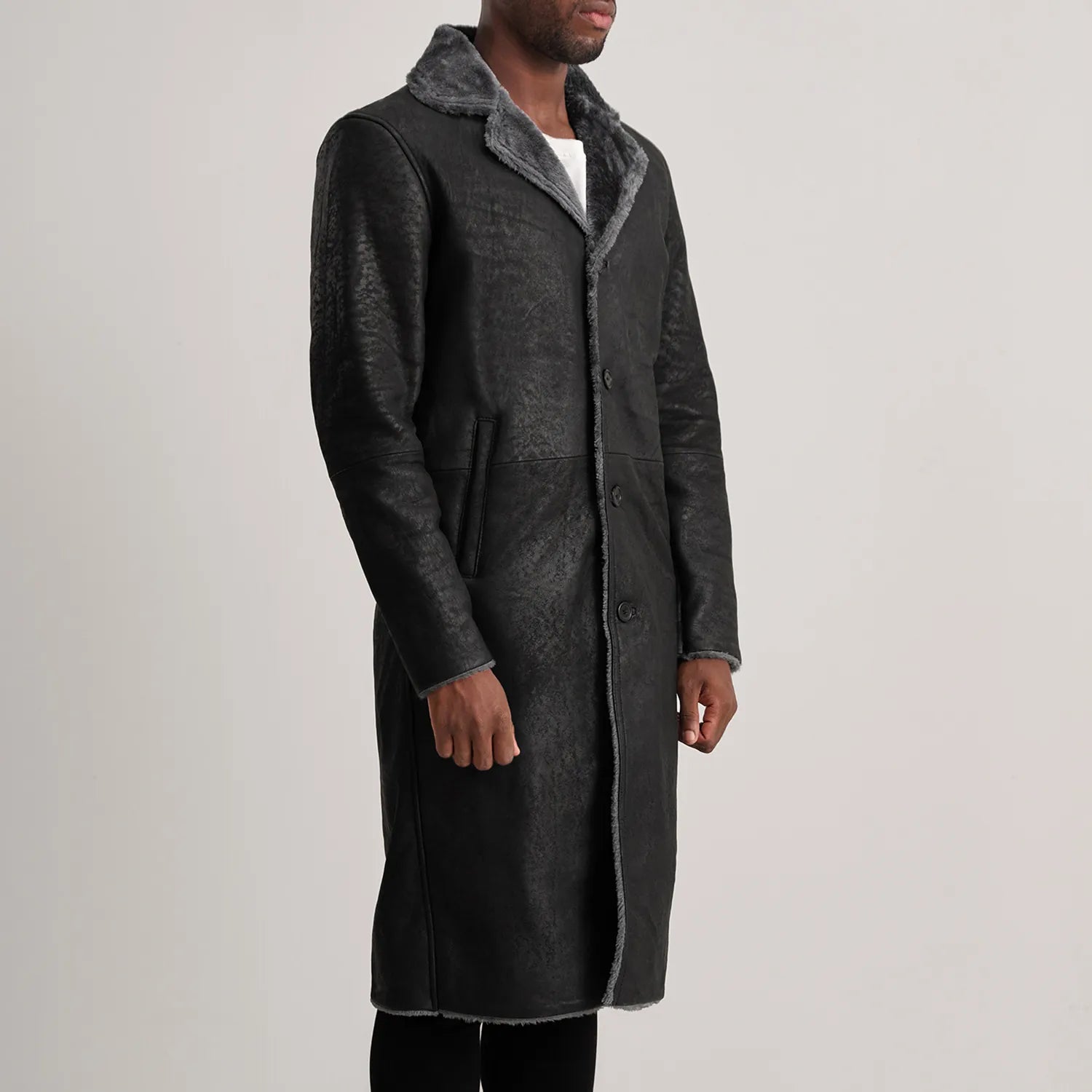Kolby Distressed Black Leather Shearling Coat