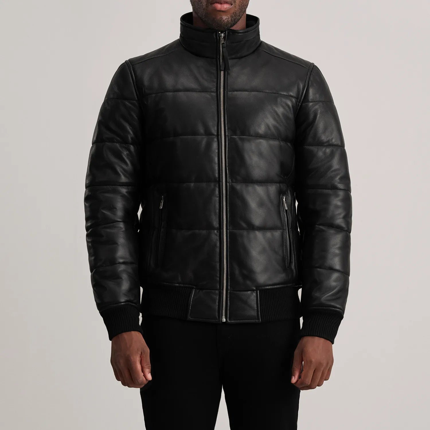 Lucas Black Leather Puffer Bomber Jacket