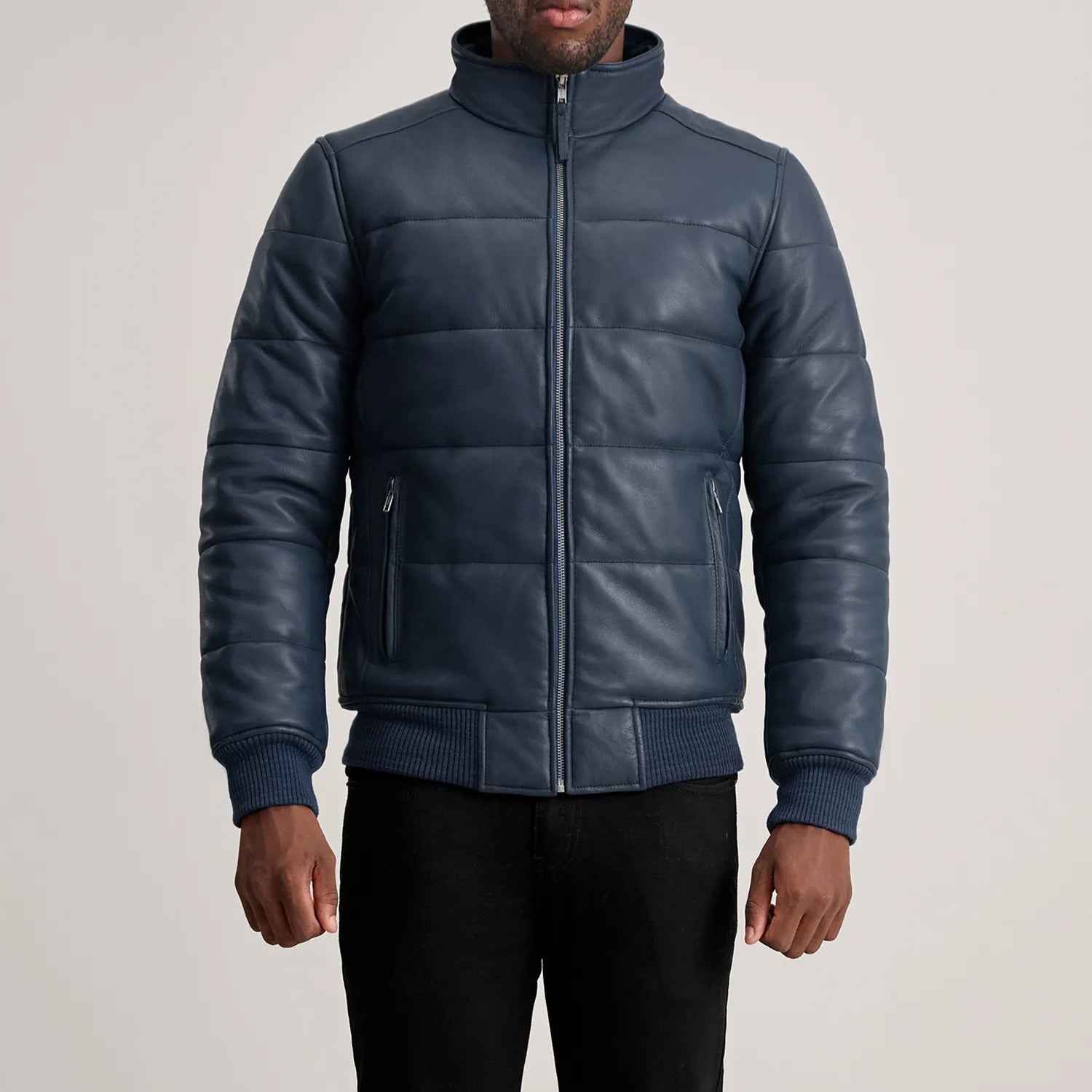 Lucas Blue Leather Puffer Bomber Jacket