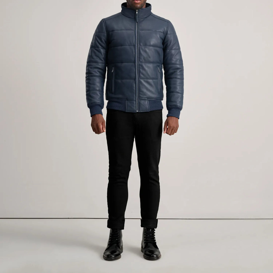 Lucas Blue Leather Puffer Bomber Jacket