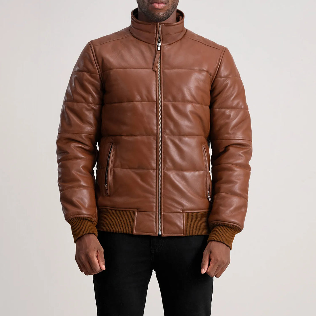 Lucas Brown Leather Puffer Bomber Jacket