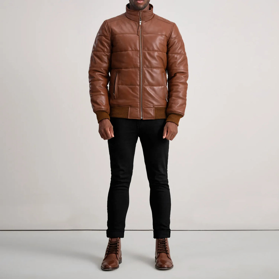 Lucas Brown Leather Puffer Bomber Jacket